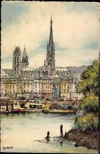 Künstler Ak Barday, Rouen Seine Maritime, Le Quai de Paris, La Cathedrale