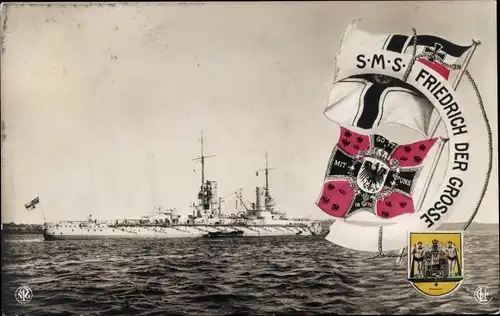 Ak Deutsches Kriegsschiff, SMS Friedrich der Große, Kaiserliche Marine, Fahnen