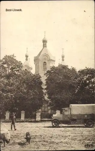 Ak Brest Litowsk Weißrussland, LKW, Kirche, Widder