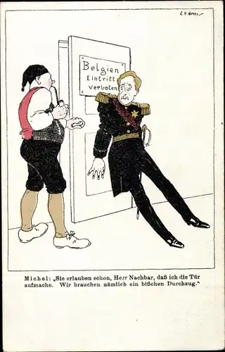 Künstler Ak Nunes, E. H., Deutscher Michel, Überfall auf Belgien, König Albert I., Karikatur