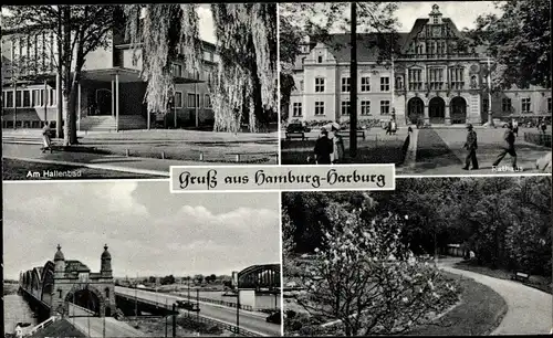 Ak Hamburg Harburg, Hallenbad, Rathaus, Elbbrücke, Schulgarten