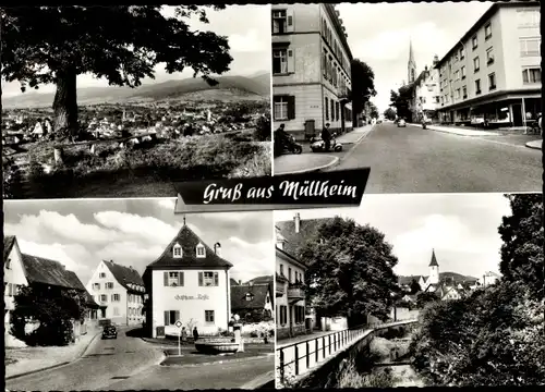 Ak Müllheim im Kreis Breisgau Hochschwarzwald, Straßenpartie, Gasthaus zum Rössle, Fluss, Kirche