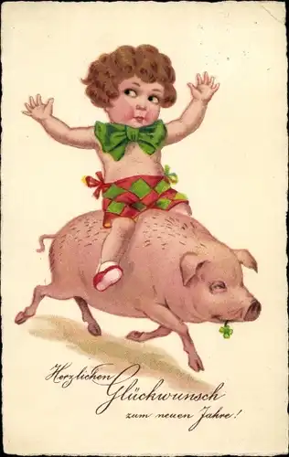 Ak Glückwunsch Neujahr, Kind reitet auf Schwein
