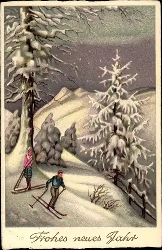 Ak Glückwunsch Neujahr, Skifahrer, Winterlandschaft