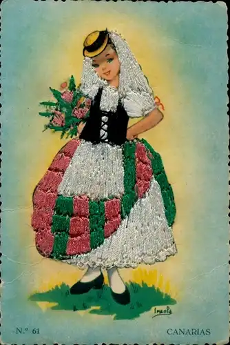 Stoff Ak Canarias, Spanische Tracht von den Kanarischen Inseln, Frau im gestickten Kleid
