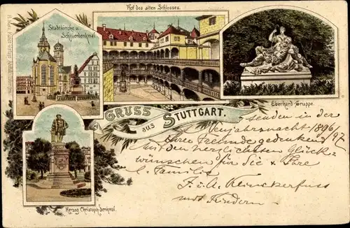 Litho Stuttgart am Neckar, Altes Schloss, Stadtkirche, Schillerdenkmal, Eberhard Gruppe