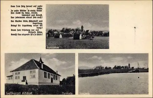 Ak Alfdorf in Württemberg, Teilansicht, Turnhalle, Seepartie, Gedicht