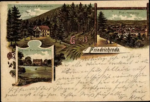 Litho Friedrichroda im Thüringer Wald, Herzogsweg, Lauchagrund, Massenmühle, Schloss Reinhardsbrunn