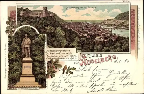 Litho Heidelberg am Neckar, Scheffel Denkmal, Blick von der Terrasse, Schloss