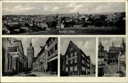Ak Buchen im Odenwald Baden, Gesamtansicht, Rathaus, Gasthaus z. Rose, Stadtturm