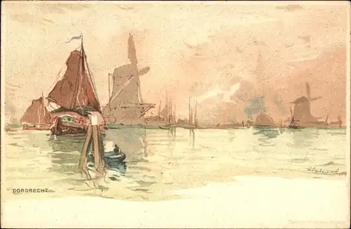 Künstler Litho Cassiers, H., Dordrecht Südholland Niederlande, Hafen, Windmühlen