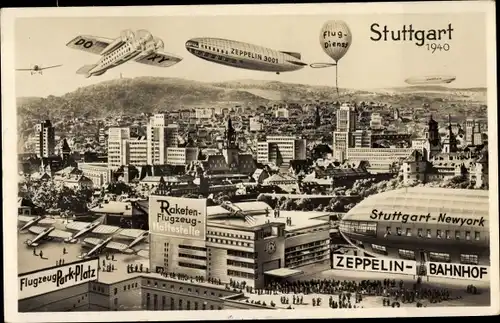 Ak Stuttgart am Neckar, Stadt im Jahr 1940, Raketenflugzeughaltestelle, Zeppelin Bahnhof,