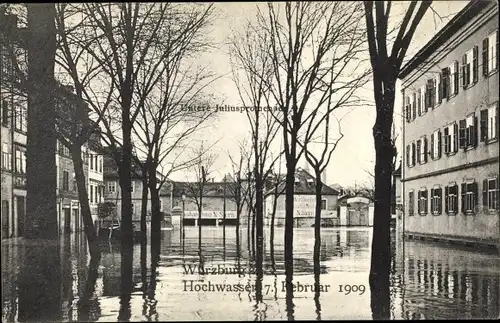Ak Würzburg am Main Unterfranken, Hochwasser, 07.02.1909, Untere Juliuspromenade