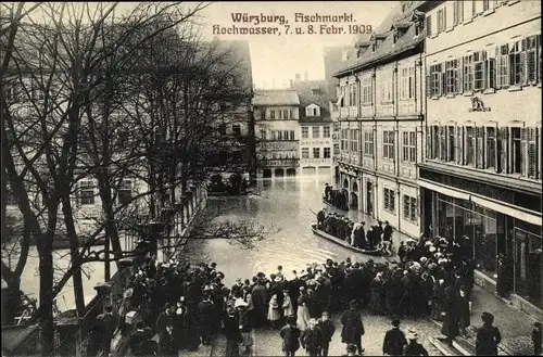 Ak Würzburg am Main Unterfranken, Hochwasser, 07.02.1909, Fischmarkt