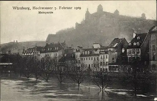 Ak Würzburg am Main Unterfranken, Hochwasser, 07.02.1909, Mainpartie