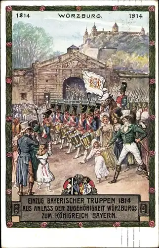 Ak Würzburg am Main Unterfranken, Einzug bayerischer Truppen 1814