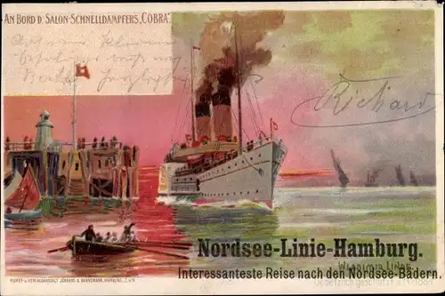 Künstler Litho Linde, Wladimir, Dampfschiff Cobra I., Seebäderdampfer, HAPAG