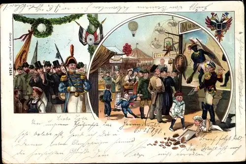 Litho Jahrmarkt, Volksfest, gestürzter Bäcker, Riesendame, Festumzug