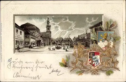 Präge Wappen Passepartout Litho Erlangen in Mittelfranken Bayern, Hauptstraße