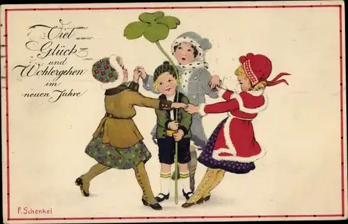 Künstler Ak Schenkel, Franziska, Glückwunsch Neujahr, Kinder mit Kleeblatt