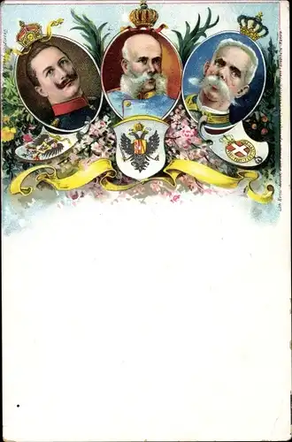 Litho Kaiser Wilhelm II., Kaiser Franz Joseph I., Franz Conrad Freiherr von Hötzendorf, Wappen