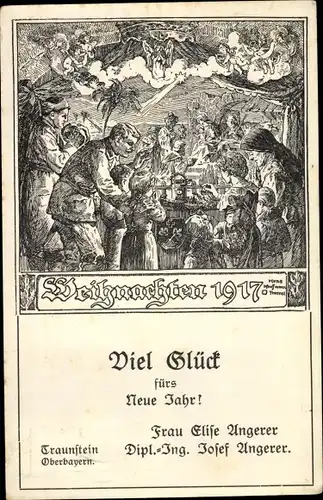 Künstler Ak Frohe Weihnachten, Glückwunsch Neujahr, Kriegsweihnacht 1917, Elise u. Josef Angerer