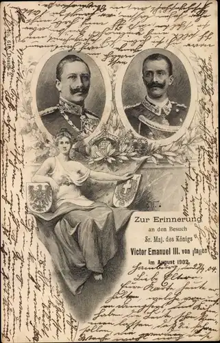 Ak Kaiser Wilhelm II., Vittorio Emanuele III., König Viktor Emanuel III. von Italien, August 1902
