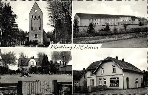 Ak Rickling in Holstein, Straßenpartie, Geschäft, Kirche