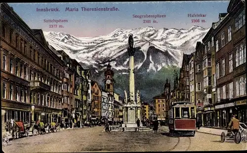 Ak Innsbruck in Tirol, Maria Theresienstraße, Sattelspitzen, Straßenbahn, Seegrubenspitzen