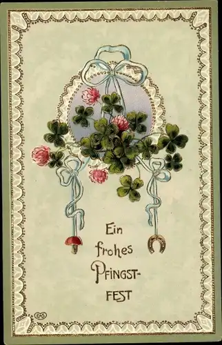 Präge Litho Glückwunsch Pfingsten, Kleeblätter, Hufeisen