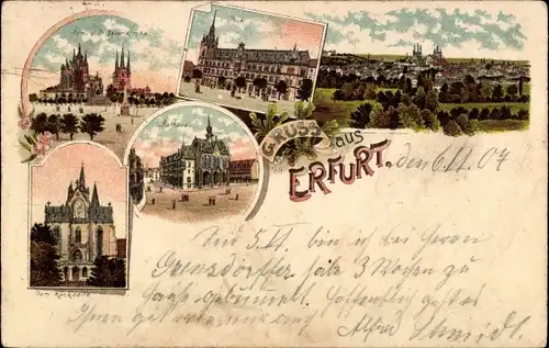 Litho Erfurt in Thüringen, Gesamtansicht, Post, Rathaus, Dom, Severikirche