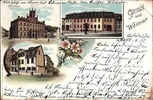 Litho Weimar in Thüringen, Goethehaus, Schillerhaus, Rathaus