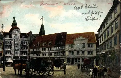 Ak Halberstadt am Harz, Fischmarkt, Kutsche, Kronen Apotheke