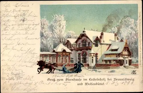 Künstler Litho Wolfenbüttel in Niedersachsen, Sternhaus im Lechenholz, Pferdeschlittenpartie