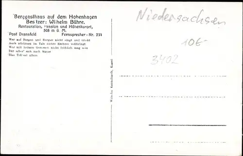 Ak Dransfeld, Gasthaus auf dem Hohenhagen, Gaussturm, Giesekestein