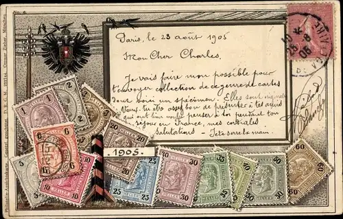 Präge Briefmarken Ak Österreich Postwertzeichen 1, 2, 3, 5, 6, 10, 20, 25, 30, 35, 40, 50, 60 Heller