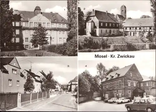 Ak Mosel Zwickau in Sachsen, Oberschule Makarenko, Pfarramt, Kirche, Gasthof Forellenmühle