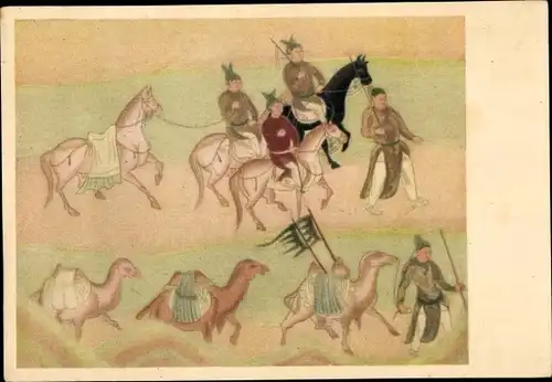 Künstler Ak China, Chinesen mit Pferden und Kamelen