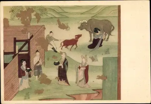 Künstler Ak China, Chinesen in Trachten, Frau melkt eine Kuh
