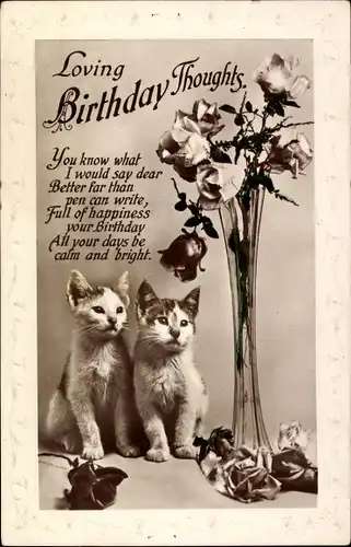 Ak Glückwunsch Geburtstag, Rosen in der Blumenvase, Zwei junge Katzen