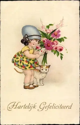 Ak Glückwunsch, Hartelijk Gefeliciteerd, Mädchen mit Blumenstrauß, Katze