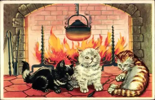 Ak Drei Hauskatzen liegen an einer Feuerstelle, Kochtopf, Châts