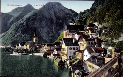 Ak Hallstatt im Salzkammergut Oberösterreich, Teilansicht des Ortes, Häuser am Ufer