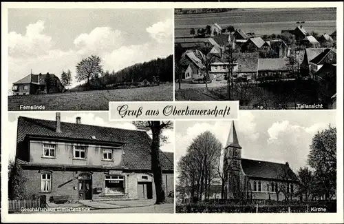 Ak Oberbauerschaft Hüllhorst Westfalen, Teilansicht, Kirche, Femelinde, Geschäftshaus Eimertenbrink