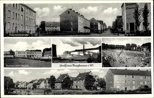 Ak Bergkamen in Westfalen, Zeche, Präsidentenstraße, Freibad, Fritz Husemann Straße