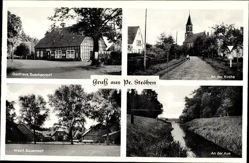 Ak Preuß. Ströhen Rahden in Ostwestfalen Lippe, Gasthaus Buschendorf, Kirche, Aue