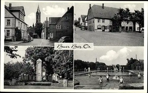 Ak Buer Melle in Niedersachsen, Freibad, Denkmal, Straßenpartie, Kirche