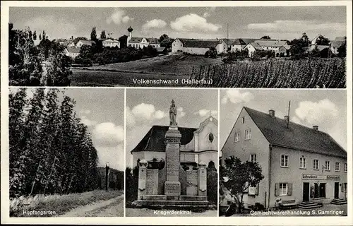 Ak Volkenschwand in Niederbayern, Gesamtansicht, Kriegerdenkmal, Hopfengarten, Gemischtwarenh.