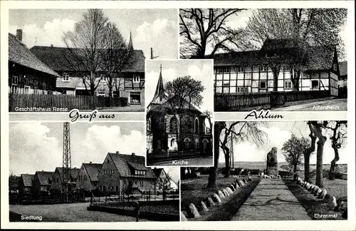 Ak Ahlum Wolfenbüttel in Niedersachsen, Ehrenmal, Altersheim, Siedlung, Kirche, Geschäftshaus Reese
