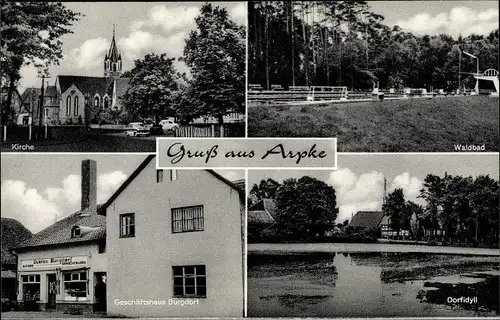 Ak Arpke Lehrte in Niedersachsen, Waldbad, Dorfidyll, Kirche, Geschäftshaus Burghof